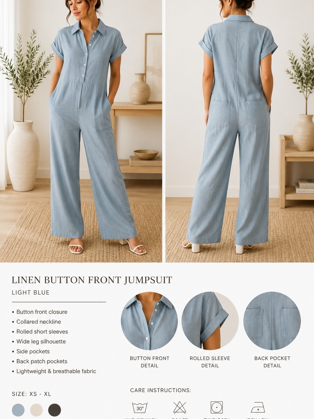 SHEIN Light Blue Linen Button-Front Jumpsuit